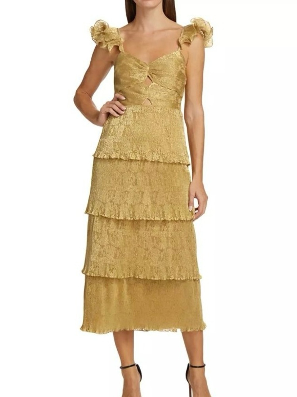 Saylor Soma Gold Tiered Foil Laced Midi Dress Size M Ruffle Straps
